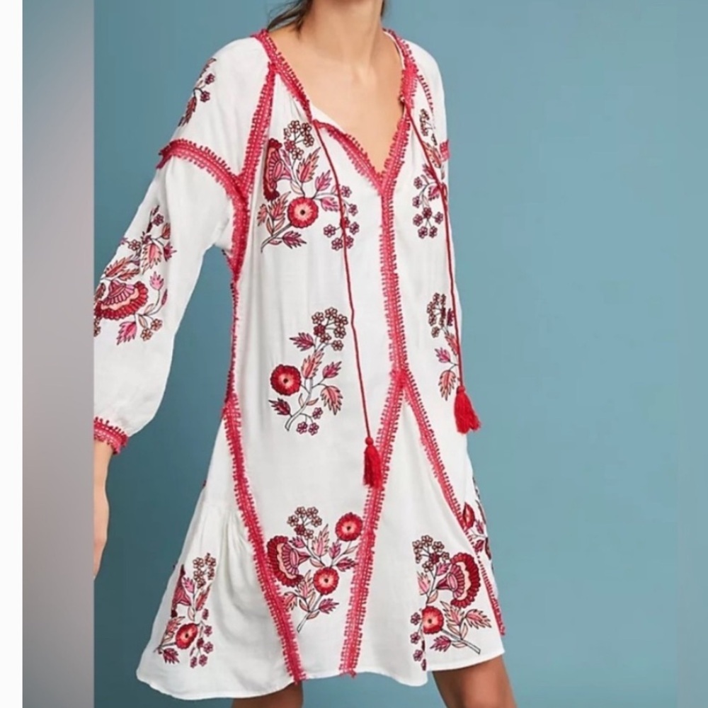 Anthropologie Ranna Gill Hadley white red embroidered floral dress